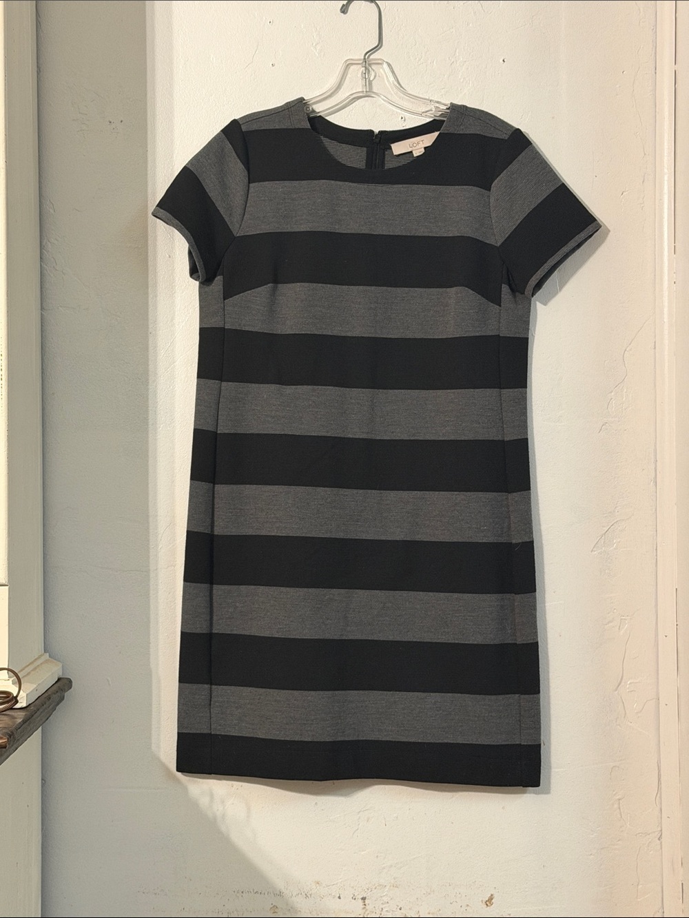 LOFT Black and Gray Striped Short Sleeve Shift Dress